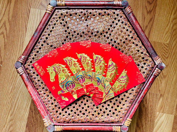 Year of the Horse Red Envelopes- Gold Embossed with Rainbow Accents (Long)
