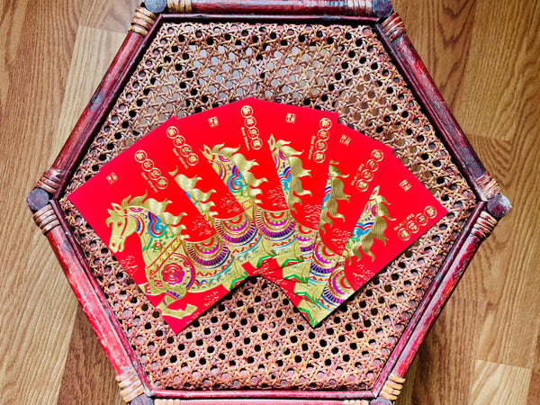 Year of the Horse Red Envelopes- Gold Embossed with Rainbow Accents (Long)